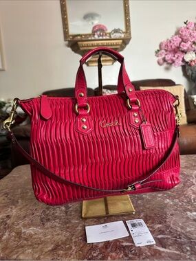 Coach Ashley Gathered Leather Satchel Bag Raspberry Pink F23966